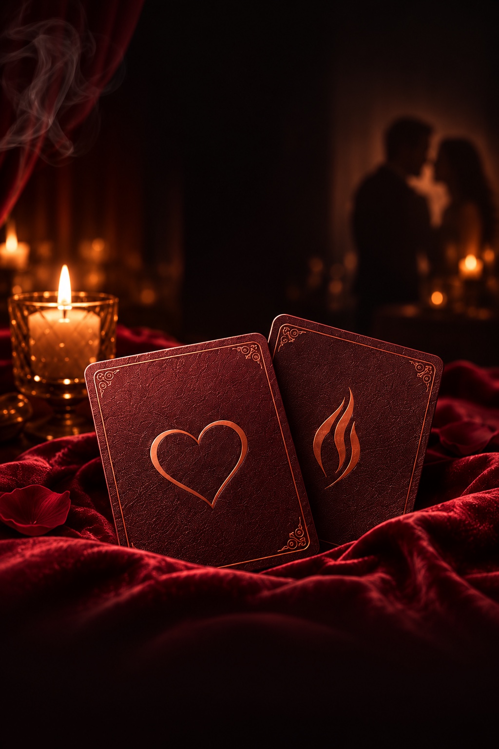 Candlelit table with two copper-embossed leather cards